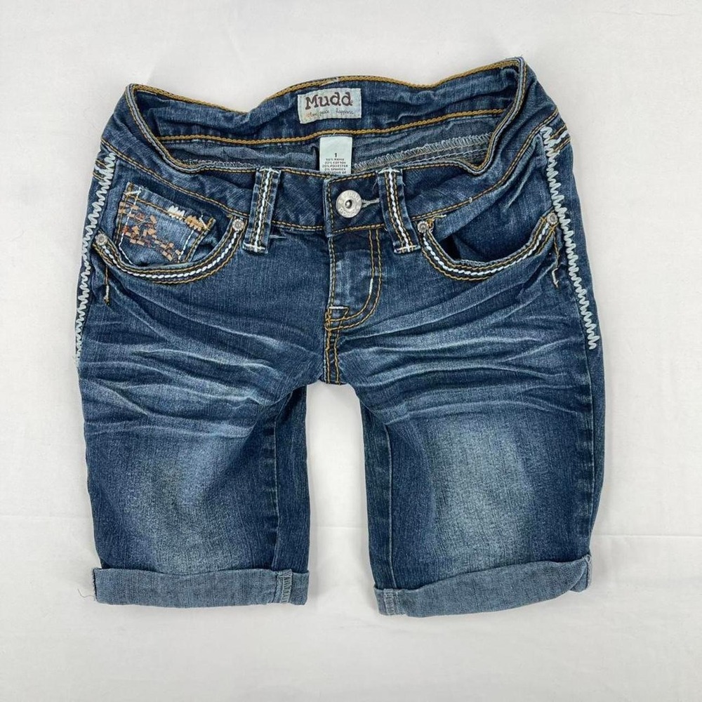 Vintage Y2K Low Rise Bermuda Jean Shorts Cuffed 1 XS Preppy Surfer 2010s Mudd
